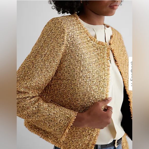 Brand New Express Gold Metallic Tweed Fringe Trim Jacket (Size: XS) - Picture 3 of 6